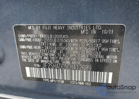 2012 Subaru Forester 2.5X Premium z USA, uszkodzony, nr VIN JF2SHADC5CH412689